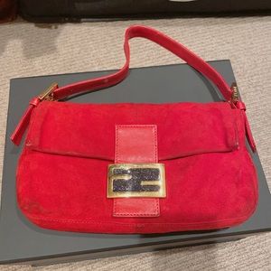 FENDI Mamma Baguette Shoulder Bag Suede Red Vintage